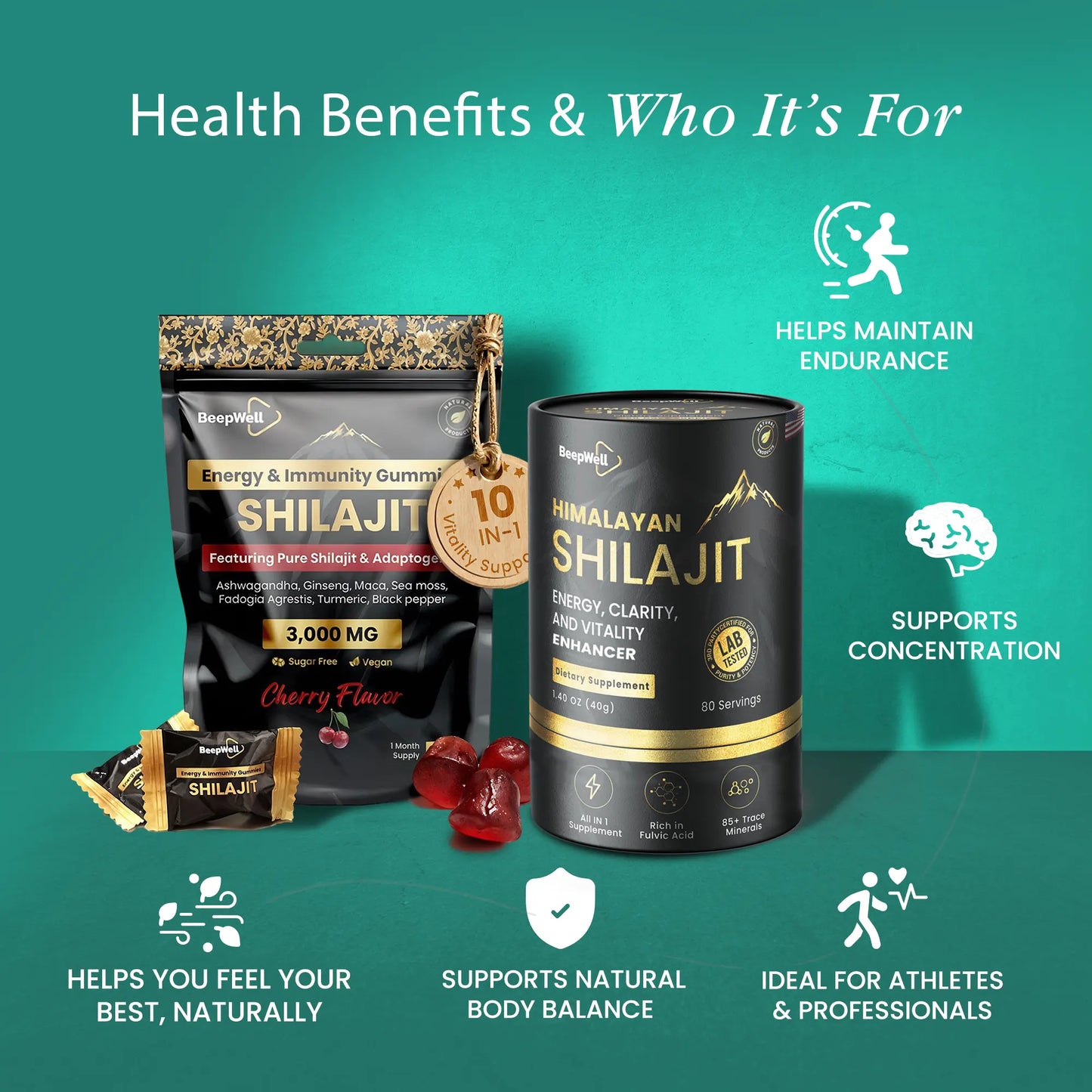 BeepWell Shilajit Combo – Resin (80 Servings) + Gummies with Ashwagandha (60 Ct) – Vegan, No Added Sugar