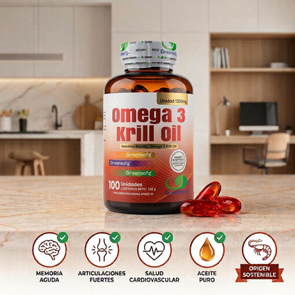 Omega 3 Krill Oil 1300mg · 100 Cápsulas · Astaxantina + Fosfolípidos